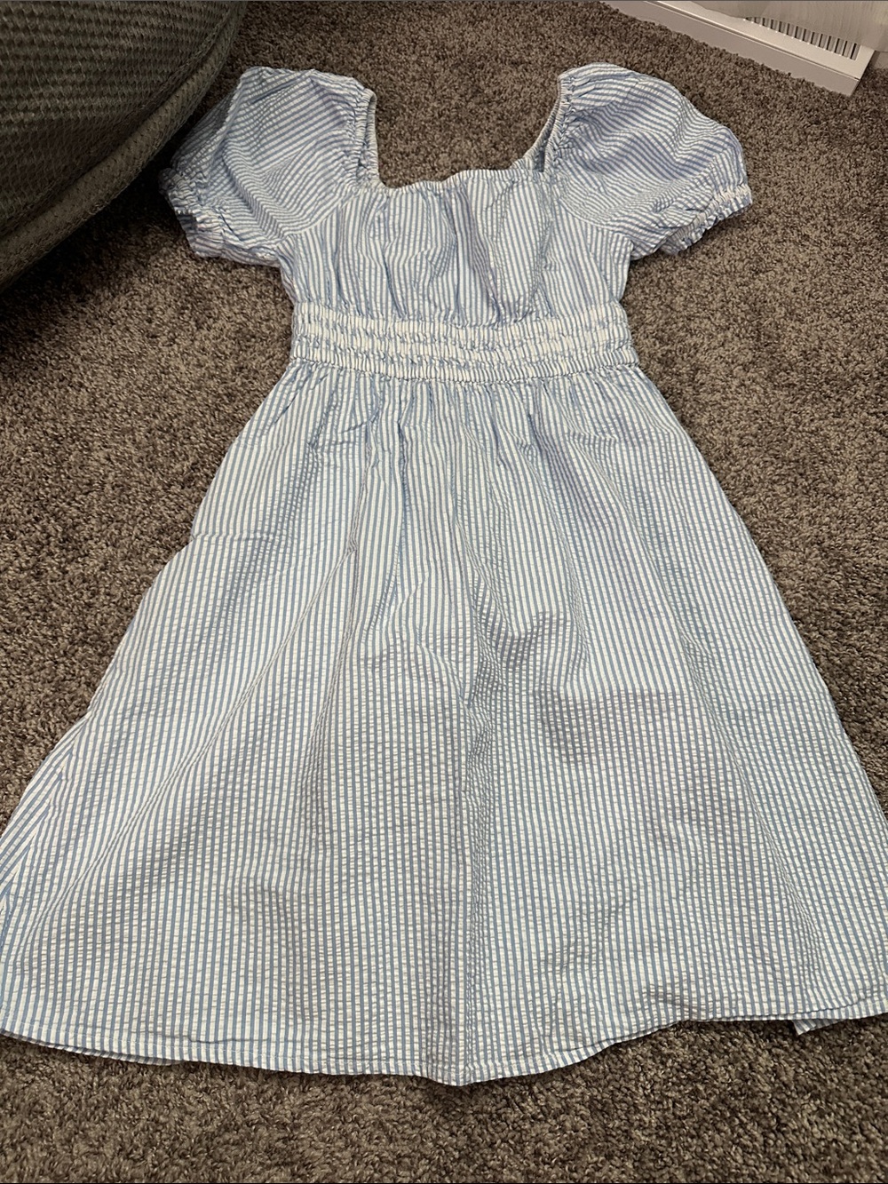 Crewcuts Light Blue and White Striped Puff Sleeve Dress